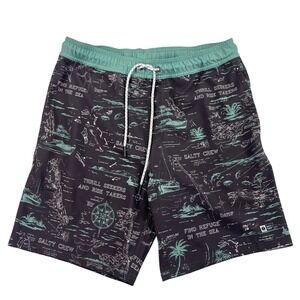 Salty Crew Island Time‎ Swim Trunks Men SMALL Green Map Drawstring Cabin Cruiser